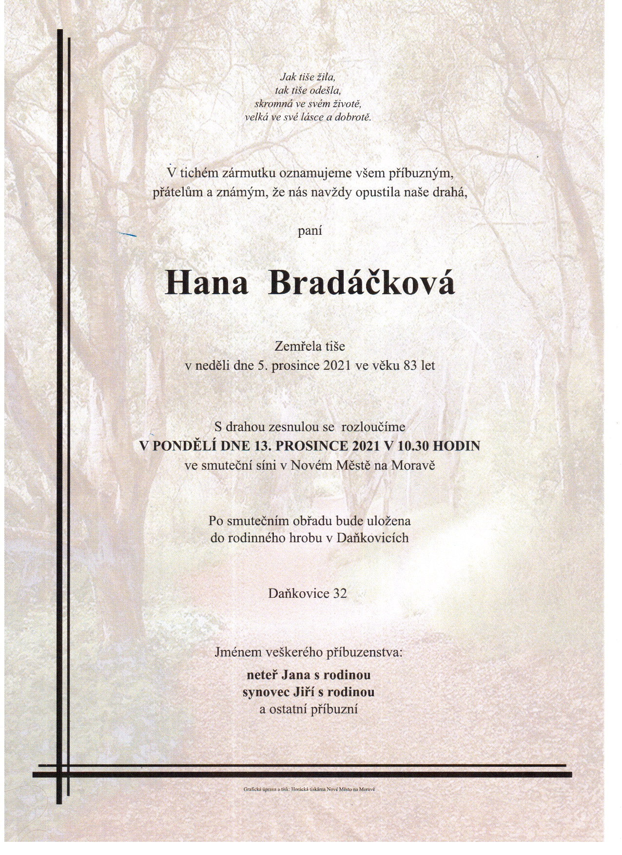 Smuteční oznámení, Hana Bradáčková